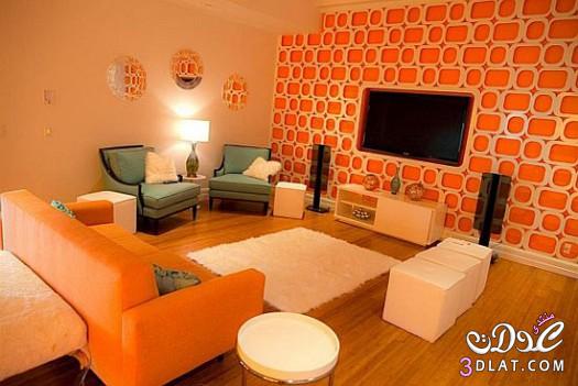 ديكورات غرف جلوس باللون البرتقالى , ديكورات عصريه باللون البرتقالى , غرف انتريه
