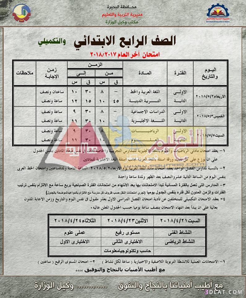 جدول امتحان الترم الثاني محافظة البحيرة 2024 للمرحلة الابتدائية العام اللغا