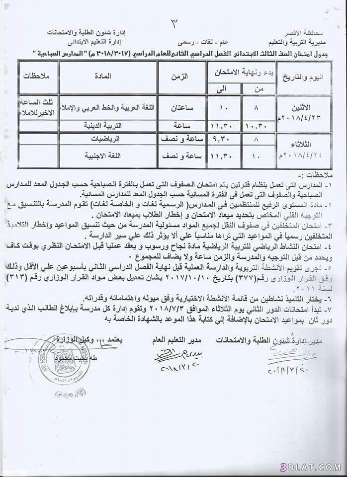 جدول امتحان الترم الثاني محافظة الاقصر 2024 للمرحلة الابتدائية العام اللغات