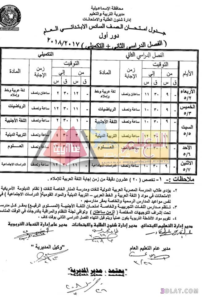 جدول امتحان الترم الثاني محافظة الاسماعيلية 2024 للمرحلة الابتدائية العام ا