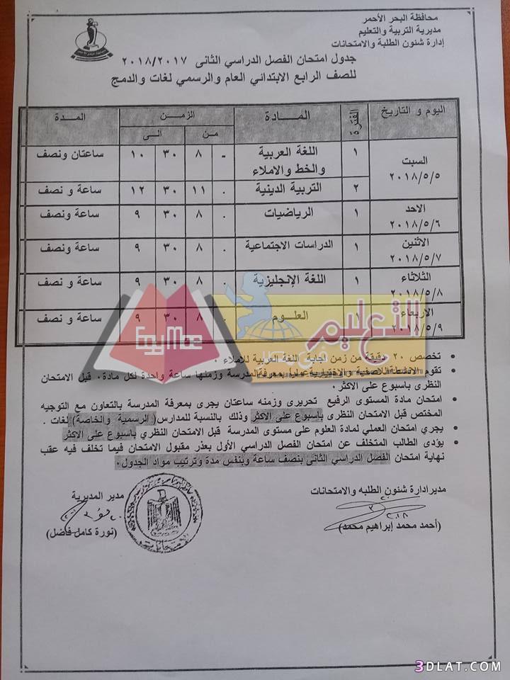 جدول امتحان الترم الثاني محافظة البحر الأحمر 2024 للمرحلة الابتدائية العام