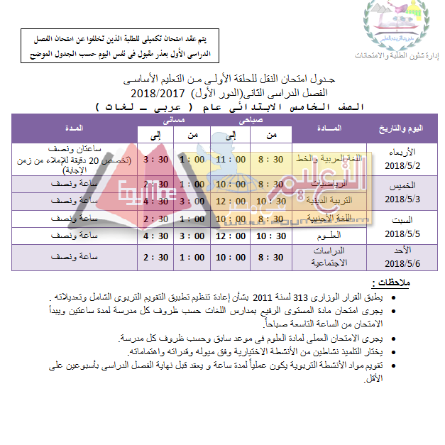 جدول امتحان الترم الثاني محافظة الجيزة 2024 للمرحلة الابتدائية العام اللغات
