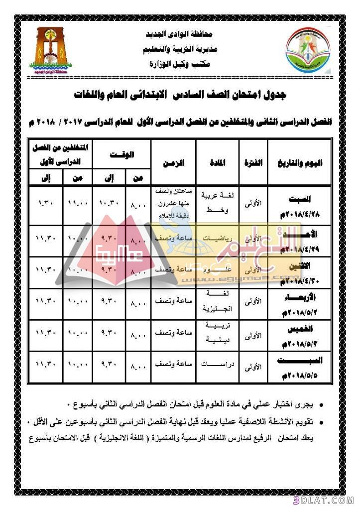 جدول امتحان الترم الثاني محافظة الوادي الجديد 2024 للمرحلة الابتدائية العام