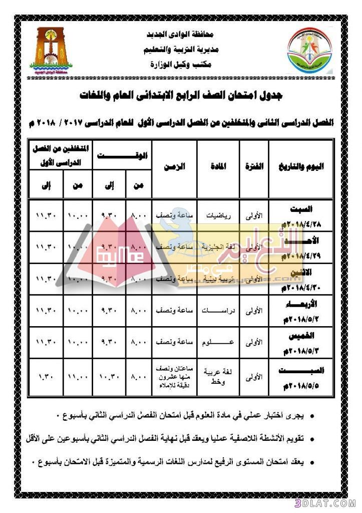 جدول امتحان الترم الثاني محافظة الوادي الجديد 2024 للمرحلة الابتدائية العام