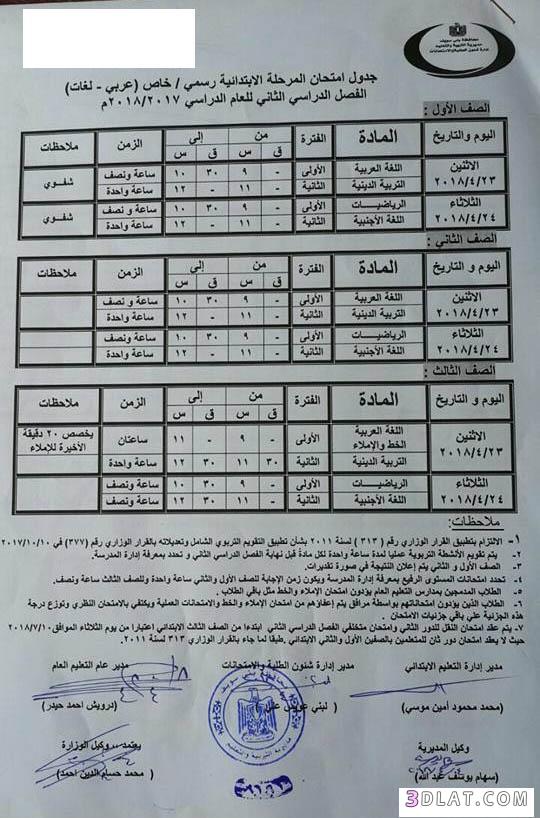 جدول امتحان الترم الثاني محافظة بني سويف 2024 للمرحلة الابتدائية العام اللغ