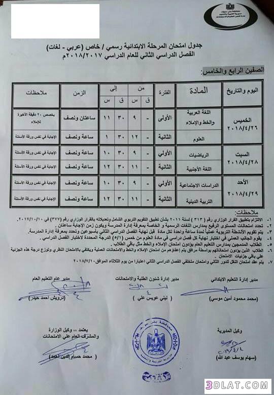جدول امتحان الترم الثاني محافظة بني سويف 2024 للمرحلة الابتدائية العام اللغ