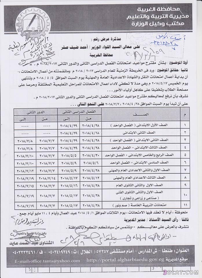 جدول امتحان الترم الثاني محافظة الغربية 2024 للمرحلة الابتدائية العام اللغا