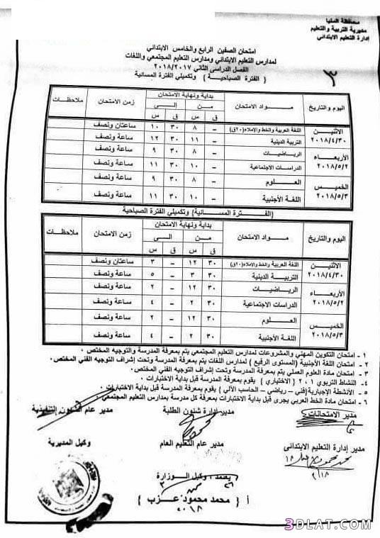 جدول امتحان الترم الثاني محافظة المنيا 2024 للمرحلة الابتدائية العام اللغات