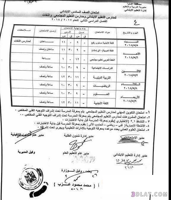 جدول امتحان الترم الثاني محافظة المنيا 2024 للمرحلة الابتدائية العام اللغات