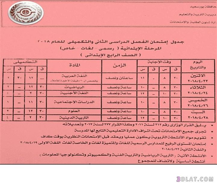 جدول امتحان الترم الثاني محافظة بورسعيد 2024 للمرحلة الابتدائية العام اللغا