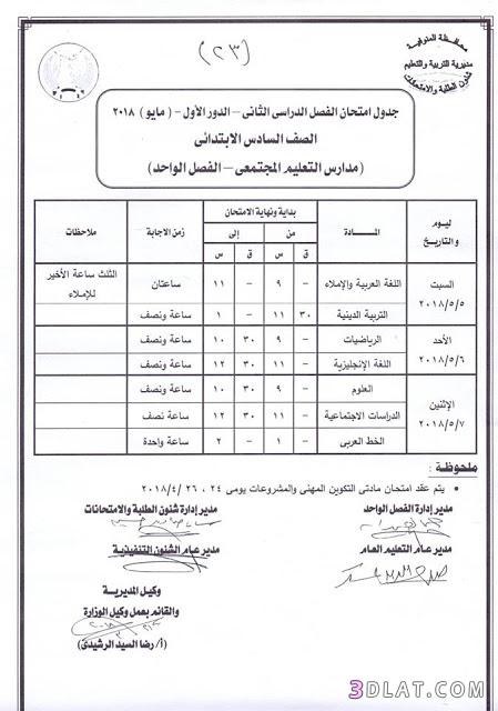 جدول امتحان الترم الثاني محافظة المنوفية 2024 للمرحلة الابتدائية العام اللغ