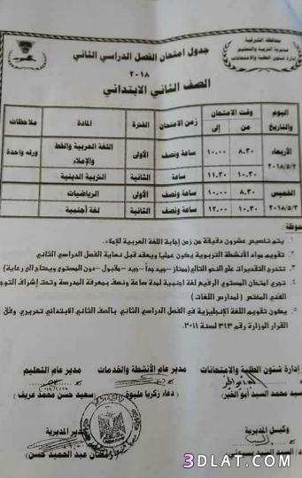 جدول امتحان الترم الثاني محافظة الشرقية 2024 للمرحلة الابتدائية العام اللغا