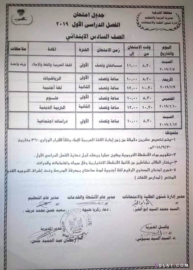 جدول امتحان الترم الأول محافظة الشرقية 2024 للمرحلة الابتدائية العام اللغات