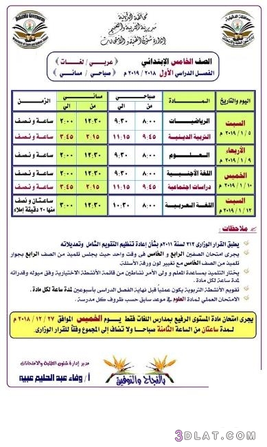 جدول امتحان الترم الأول محافظة الدقهلية 2024 للمرحلة الابتدائية العام اللغا