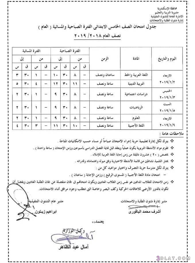 جدول امتحان الترم الأول محافظة الاسكندرية 2024 للمرحلة الابتدائية العام الل