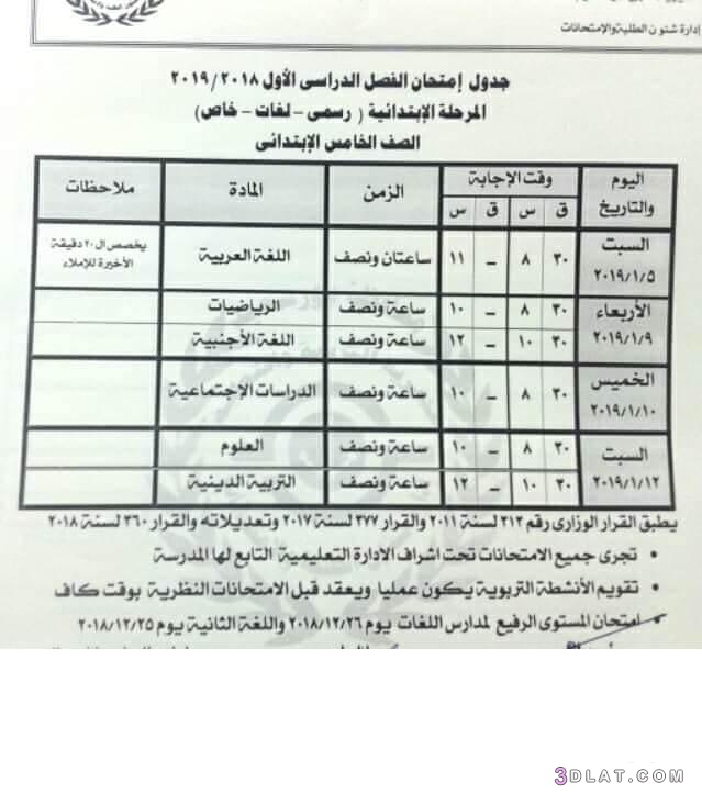 جدول امتحان الترم الأول محافظة بورسعيد 2024 للمرحلة الابتدائية العام اللغات
