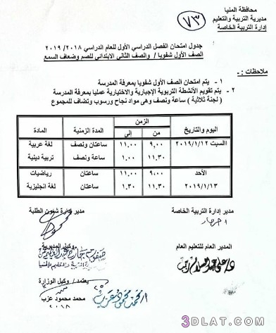 جدول امتحان الترم الأول محافظة المنيا 2024 للمرحلة الابتدائية العام اللغات