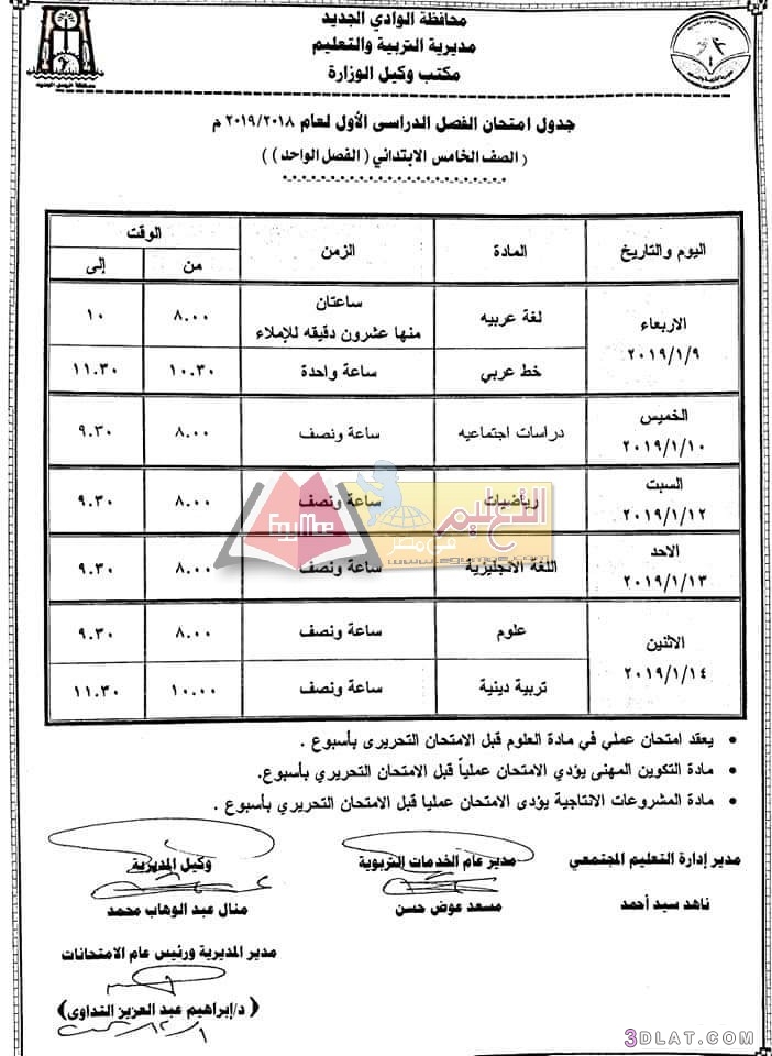 جدول امتحان الترم الأول محافظة الوادي الجديد 2024 للمرحلة الابتدائية العام