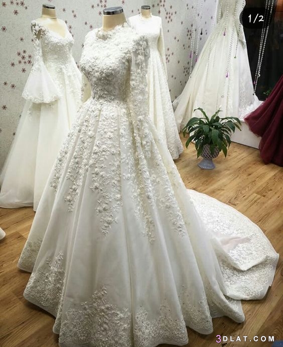 فساتين زفاف وخطوبة للمحجبات 2024 أجمل الفساتين باكمام طويله فساتين زفاف بت