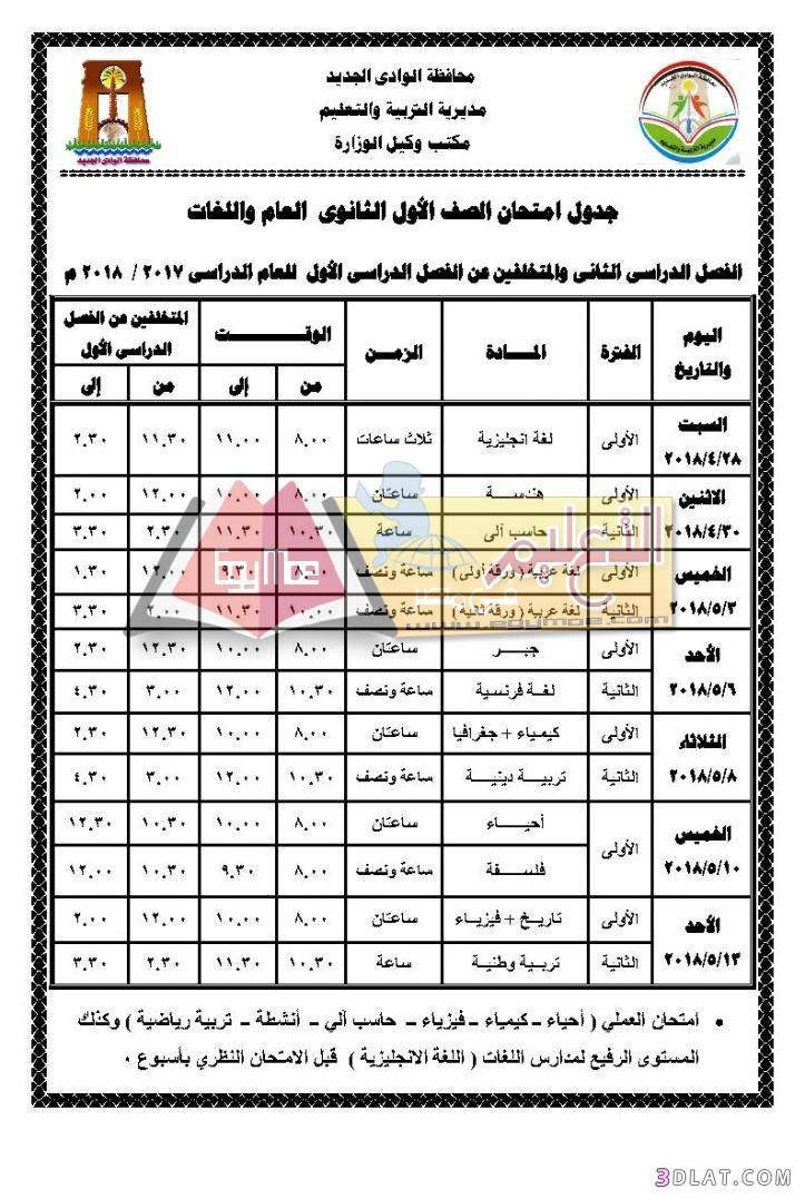 جدول امتحان الترم الثاني محافظة الوادي الجديد 2024 للصف الأول للصف الثاني ا
