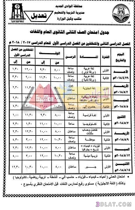 جدول امتحان الترم الثاني محافظة الوادي الجديد 2023 للصف الأول للصف الثاني ا