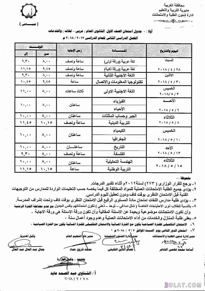 جدول امتحان الترم الثاني محافظة الغربية 2024 للصف الأول للصف الثاني الثانوي