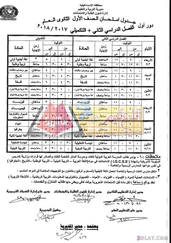جدول امتحان الترم الثاني محافظة الاسماعيلية 2024 للصف الأول للصف الثاني الث