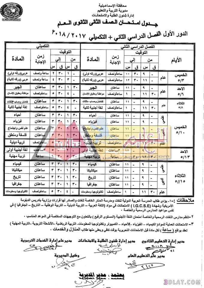 جدول امتحان الترم الثاني محافظة الاسماعيلية 2024 للصف الأول للصف الثاني الث