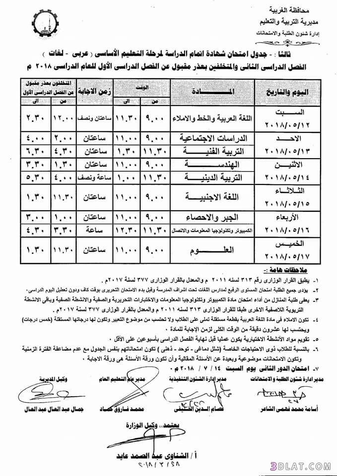جدول امتحان الترم الثاني محافظة الغربية 2024 للمرحلة الاعدادية العام اللغات