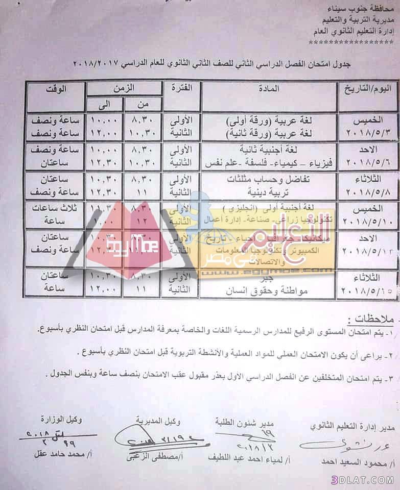 جدول امتحان الترم الثاني محافظة جنوب سيناء 2024 للصف الأول للصف الثاني الثا