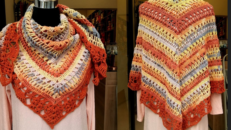 طريقة عمل شال كروشيه مثلث مع شرح الباترون crochet shawl tutorial