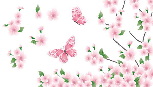 Spring Branch with Pink Flowers and Butterflies PNG