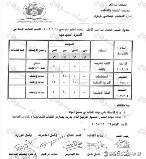 جدول امتحان الترم الأول محافظة سوهاج 2024 للمرحلة الابتدائية عام لغات