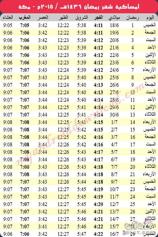 امساكية رمضان 2024 لمكه المكرمه بعض العواصم الغربيه