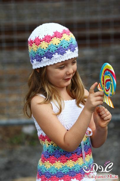 قبعة وفستان بغرزة واحدة لطفلة بالكروشية