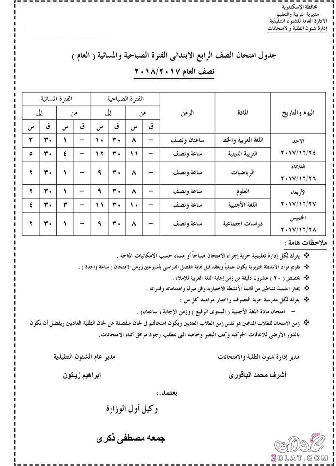 جدول امتحان الترم الأول محافظة الاسكندرية 2024 للمرحلة الابتدائية العام اللغات