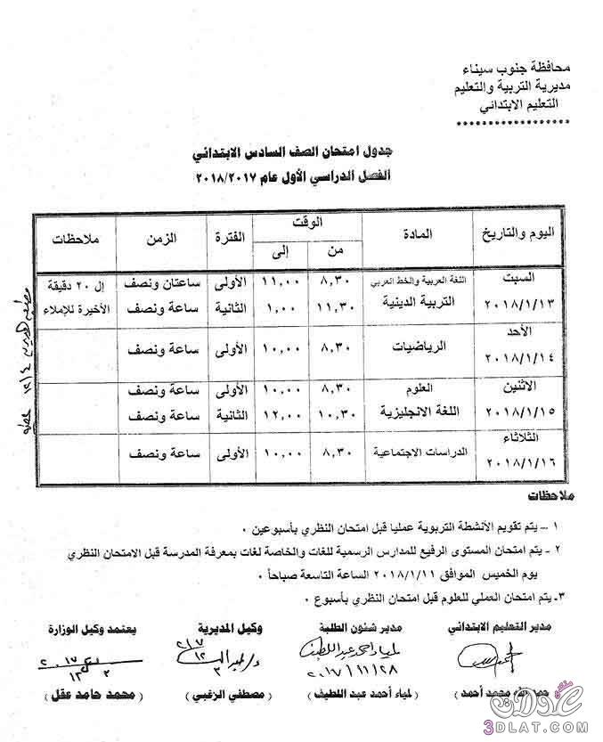 جدول امتحان الترم الأول محافظة جنوب سيناء 2024 للمرحلة الابتدائية العام اللغات