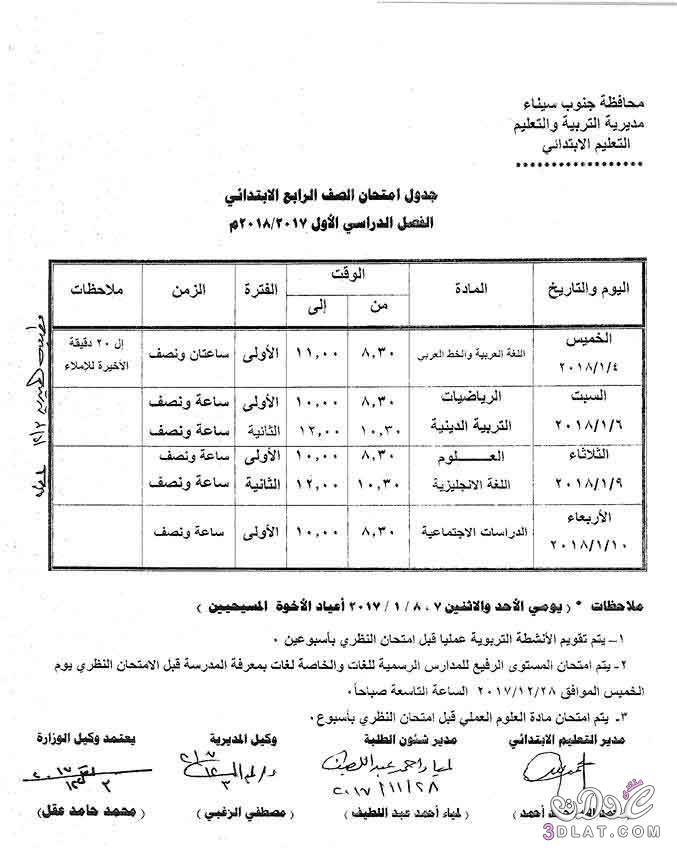جدول امتحان الترم الأول محافظة جنوب سيناء 2024 للمرحلة الابتدائية العام اللغات