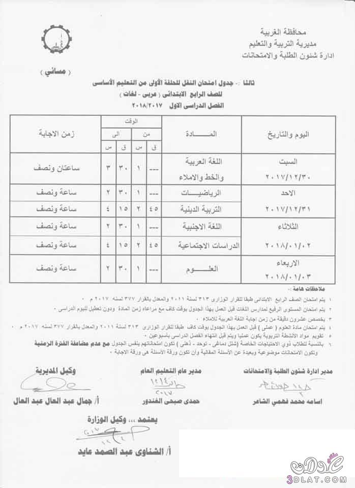 جدول امتحان الترم الأول محافظة الغربية 2024 للمرحلة الابتدائية العام اللغات