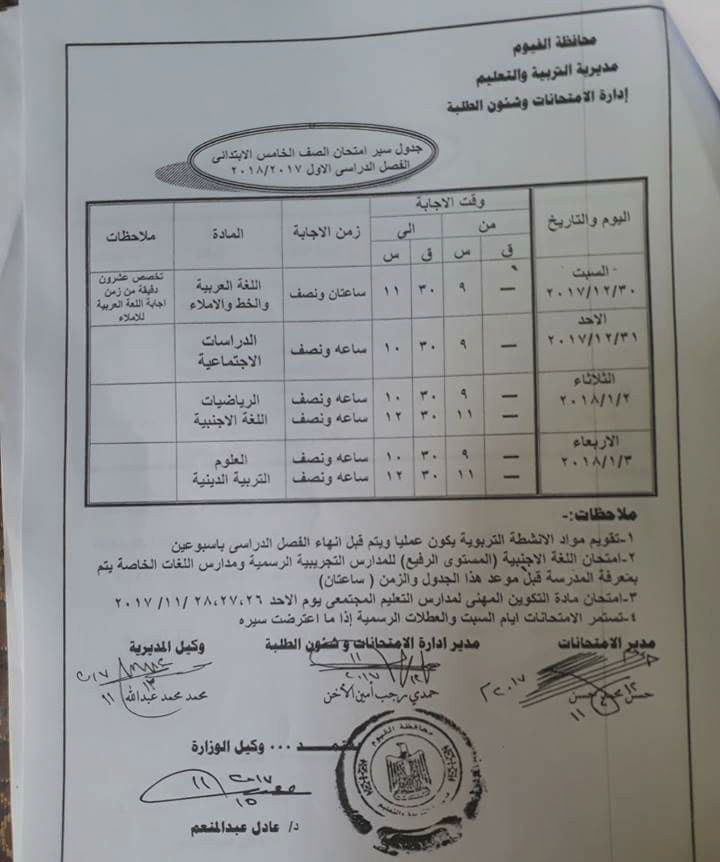 جدول امتحان الترم الأول محافظة الفيوم 2023 للمرحلة الابتدائية العام اللغات